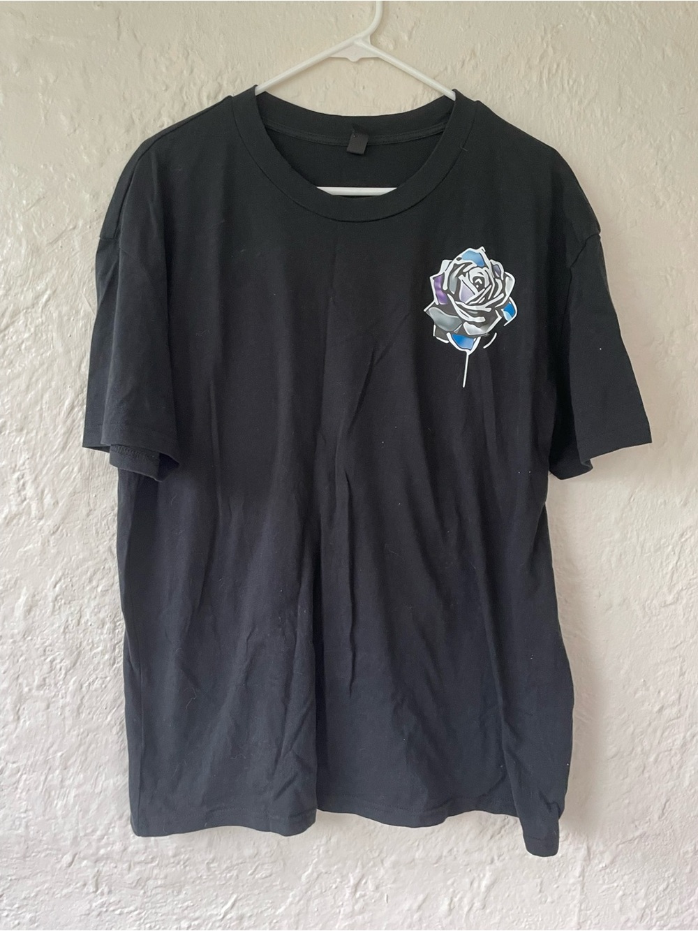 PFR black cotton graphic short sleeve tshirt, rose and angel wing design; XL